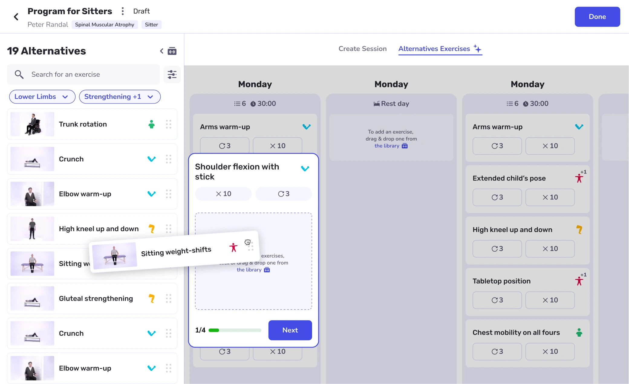 Early UI concept for alternative exercises